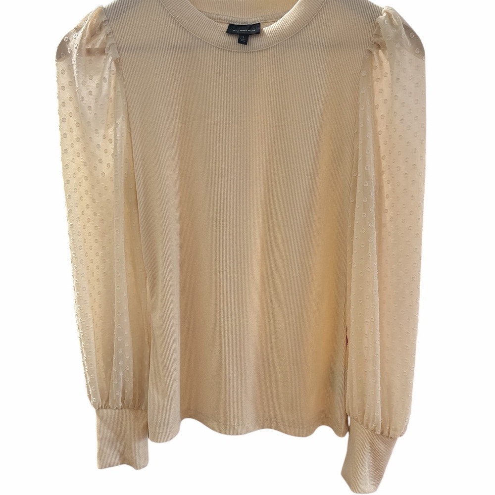 Who What Wear Cream Blouse with Sheer Polka Dot Sleeves size women’s‎ Small